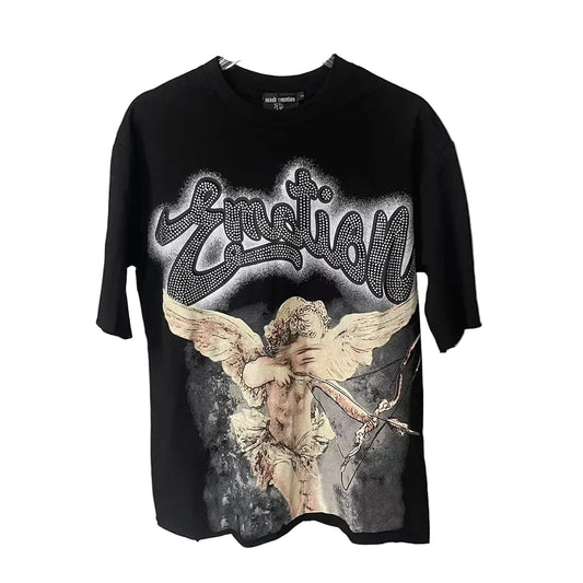 Black t-shirt with angel graphic and 'Emotion' text on a white background