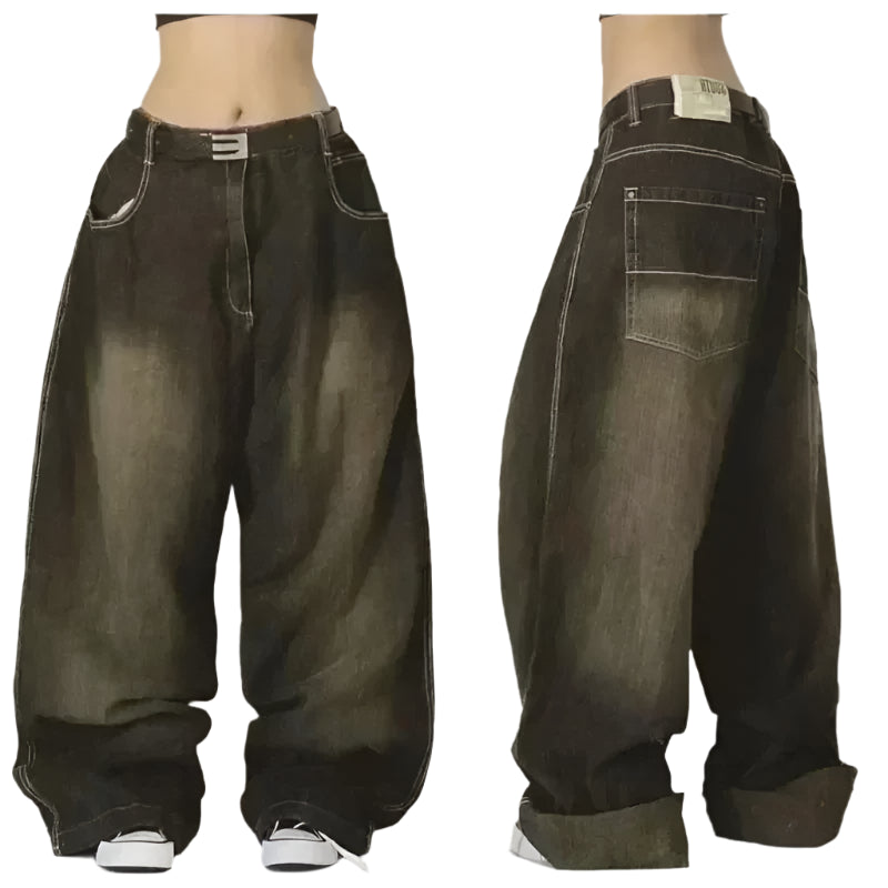 Brown baggy jeans shown from front and back on a plain background