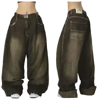 Brown baggy jeans shown from front and back on a plain background