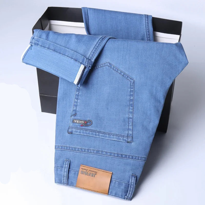 Blue jeans with a brand logo on a white background