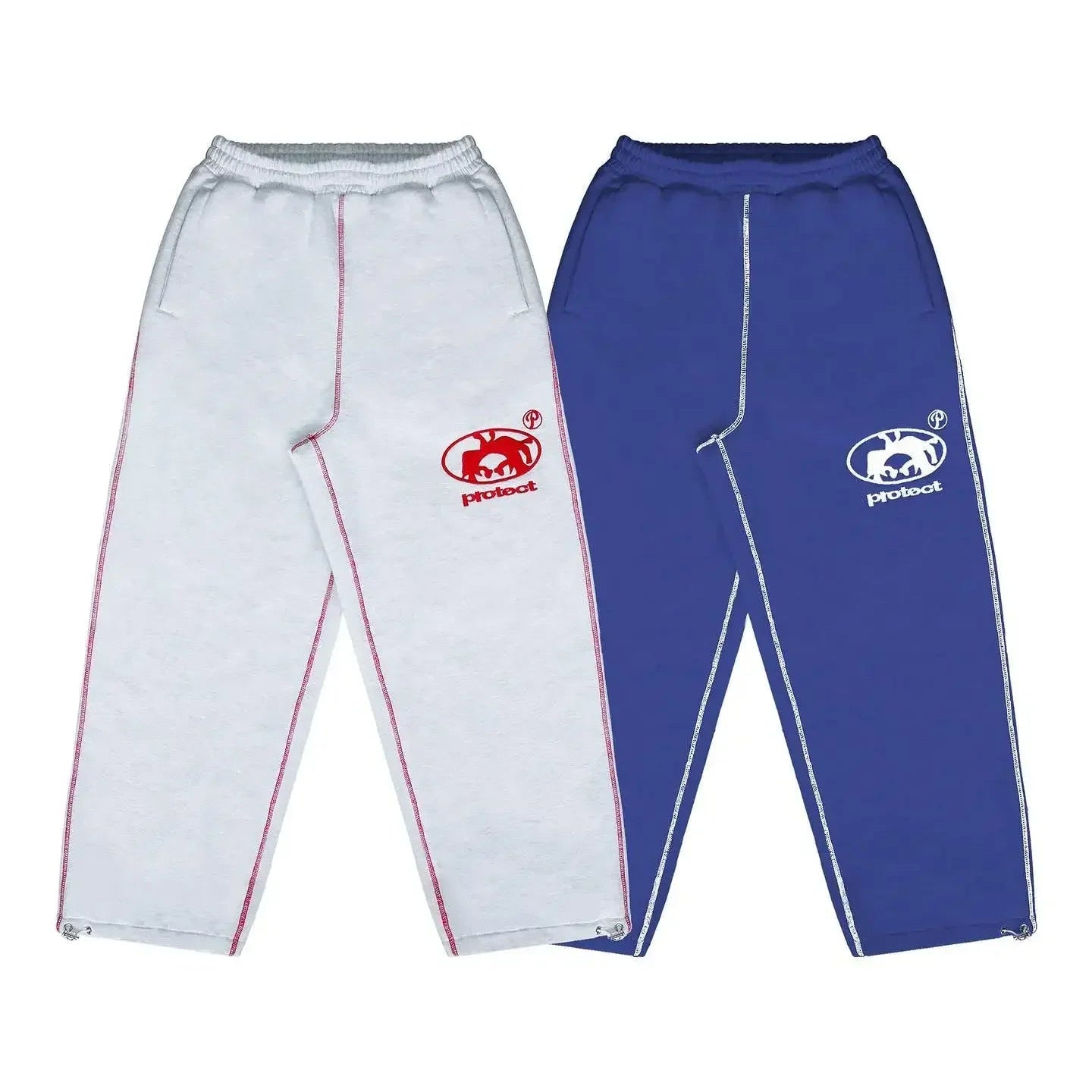 White and blue pants with logos on a white background