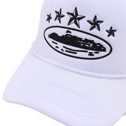 White cap with black star design and logo on a beige background