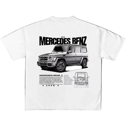 White t-shirt with Mercedes-Benz G-Class graphic on a dark background