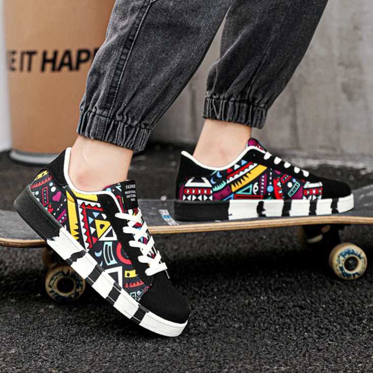 Person wearing colorful sneakers with a skateboard on a concrete floor.