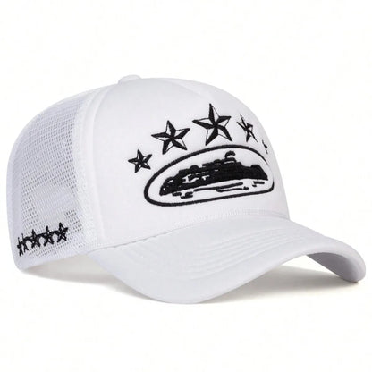 White cap with black star designs and logo on a white background