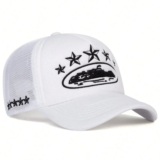 White cap with black star designs and logo on a white background