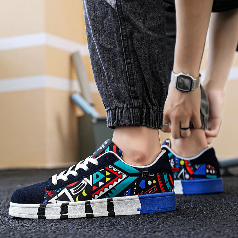 Person wearing colorful sneakers with text about comfort and freedom.