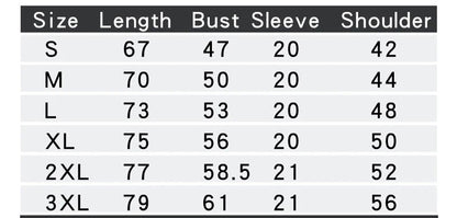 Size chart for Asian clothing with measurements in centimeters and weight categories.