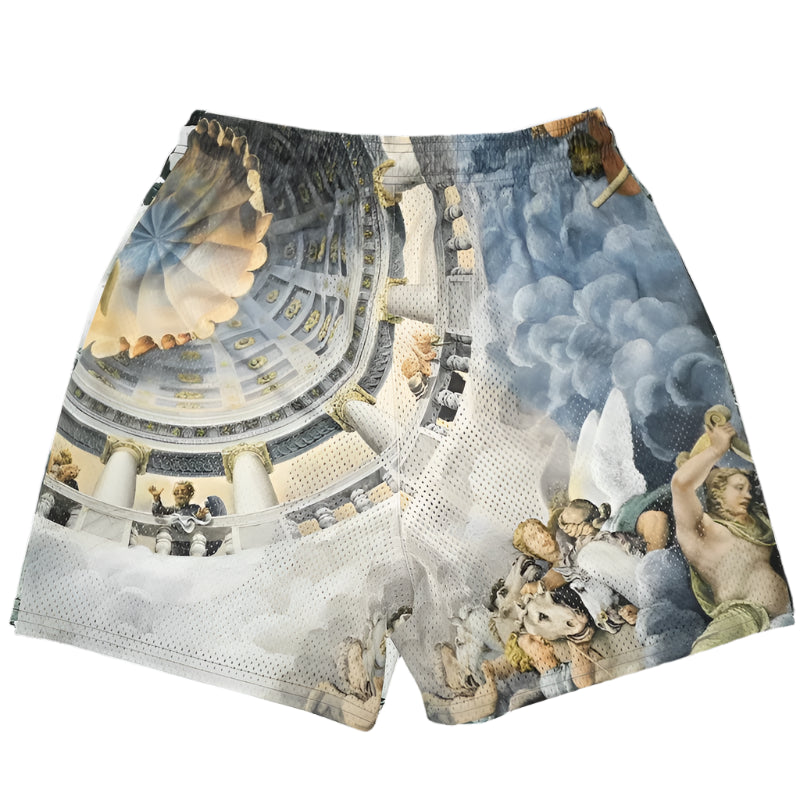 Shorts with classical architecture and angel design on a black background